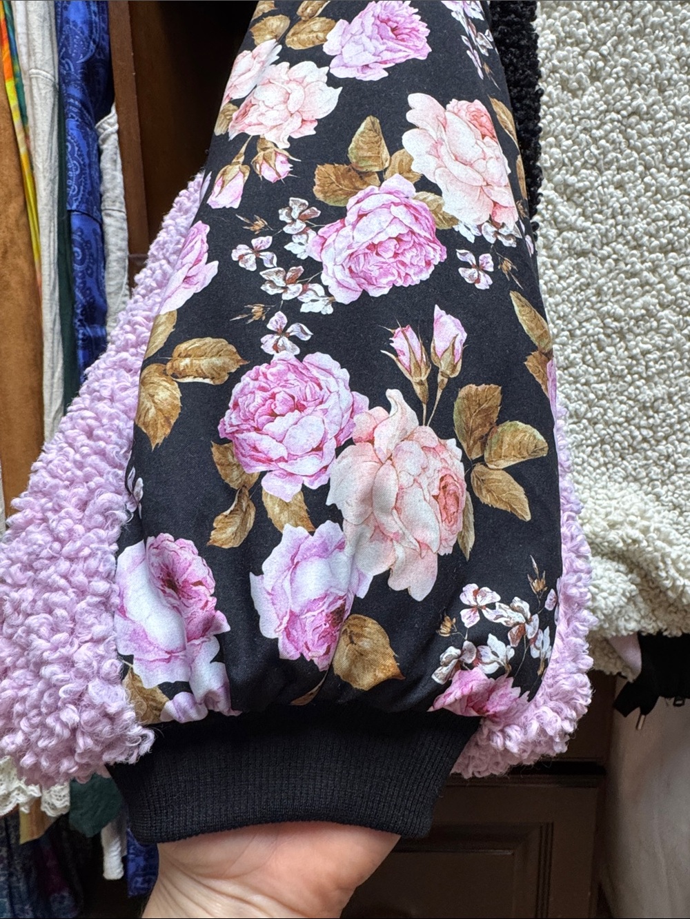 For Love & Lemons Black Floral Sherpa Jacket with Cream and Pink Accents - Picture 5 of 7